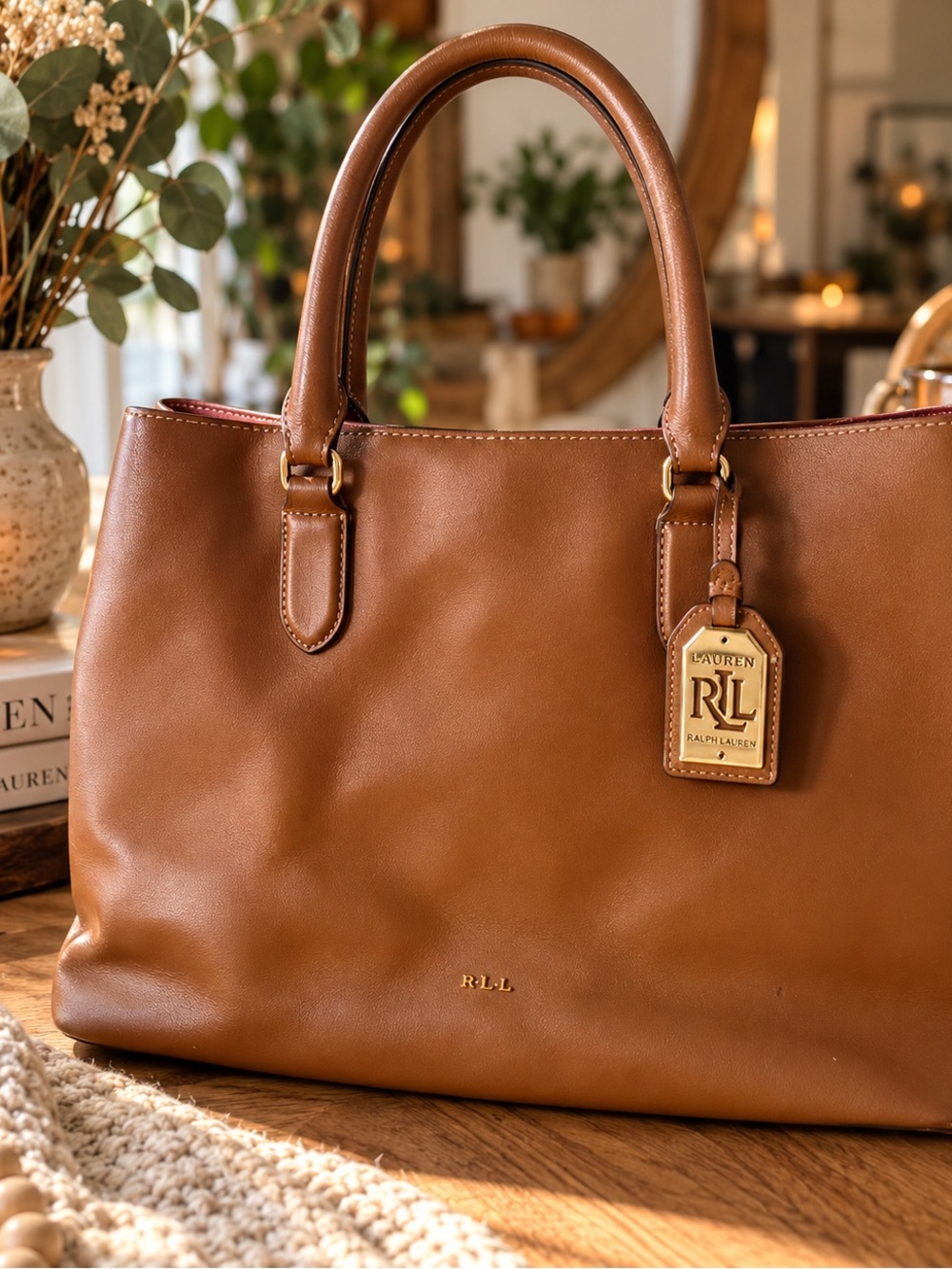 Lauren Ralph Lauren Genuine Leather Cognac Brown Large Tote Bag